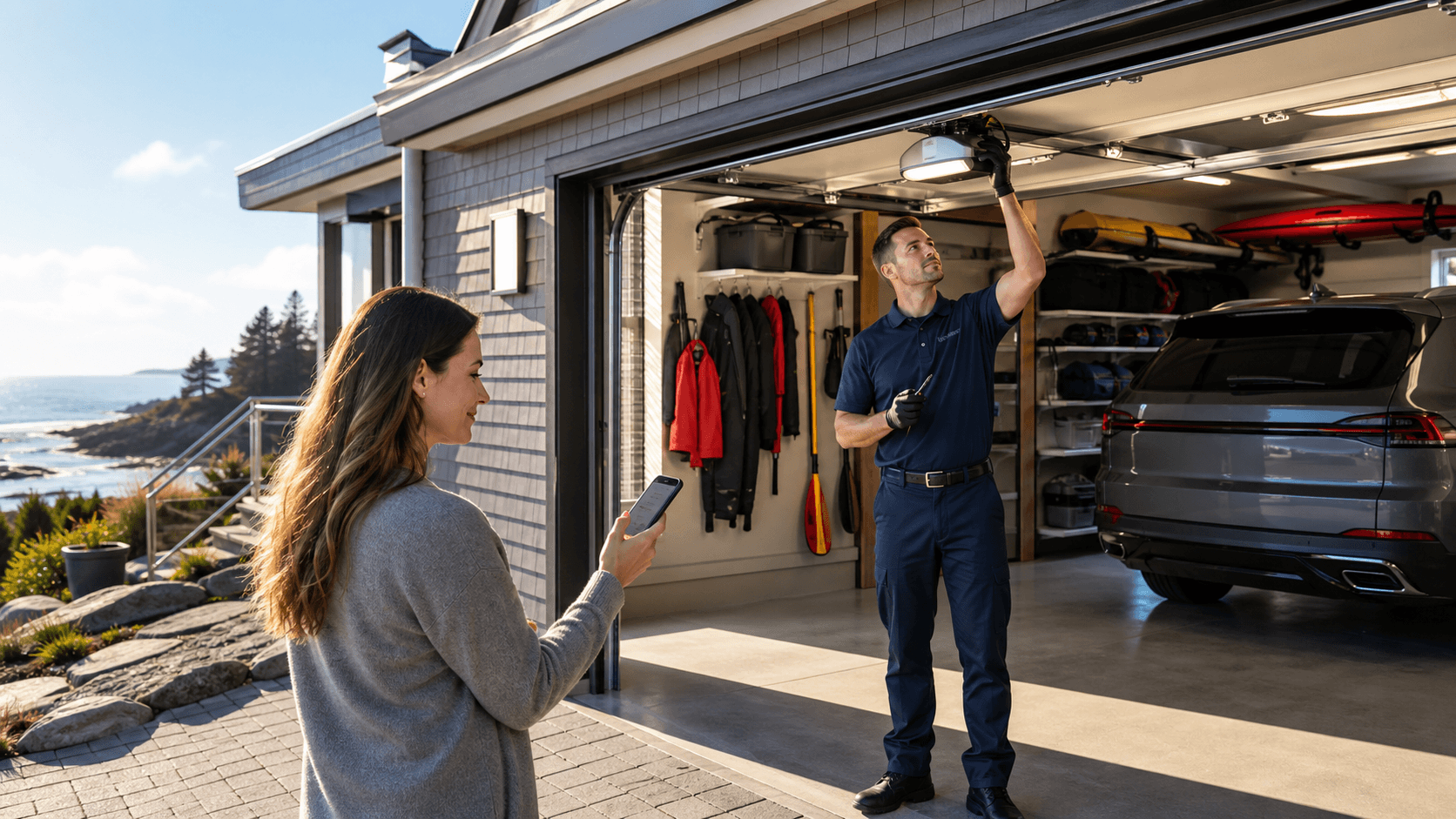 Modern garage door viewed at dusk with a smartphone displaying a Wi‑Fi control app in the foreground