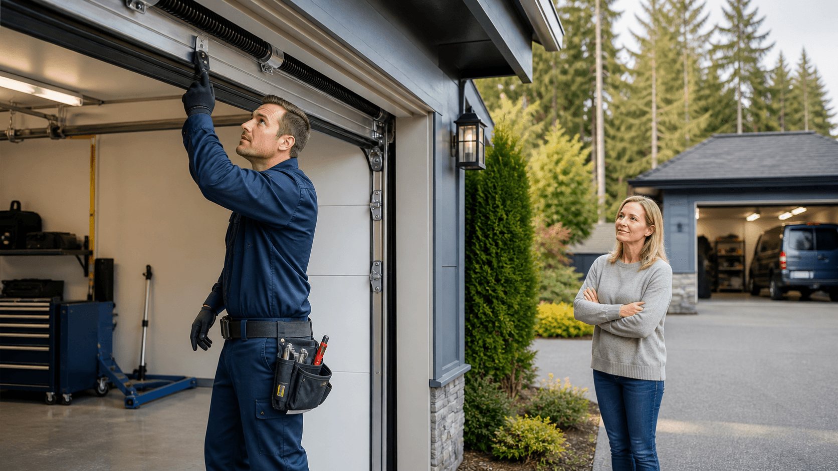 Technician in a blue uniform inspecting a modern gray garage door beside a suburban home.