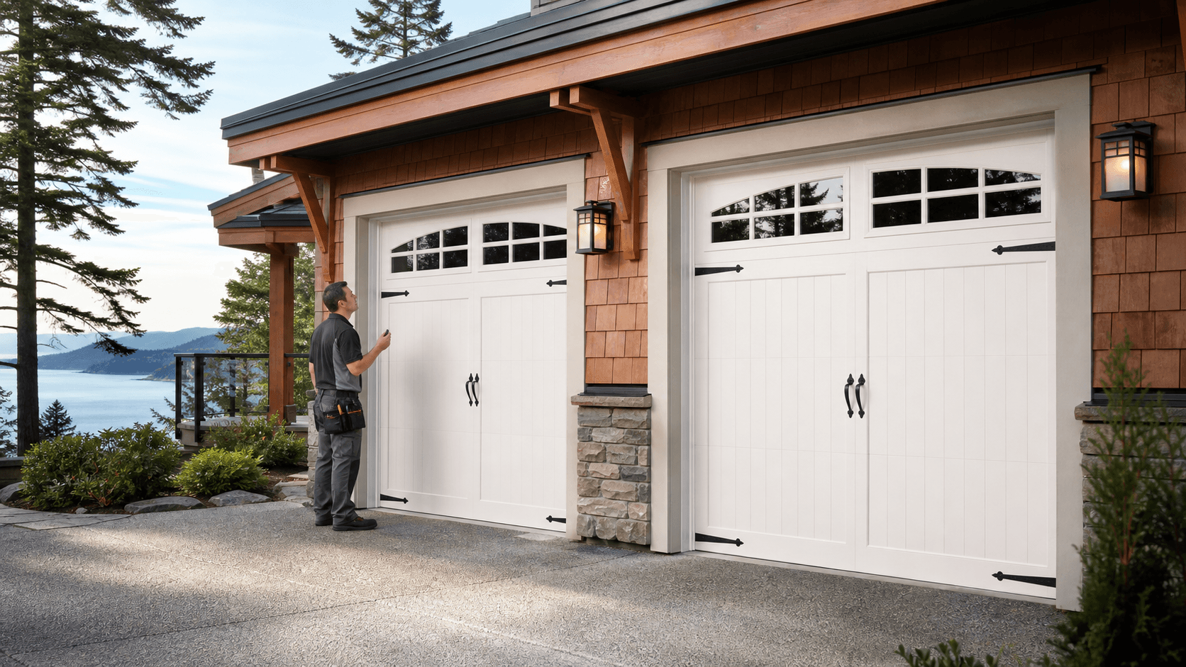 White carriage-style garage doors with black hardware on a gray suburban home in soft daylight.