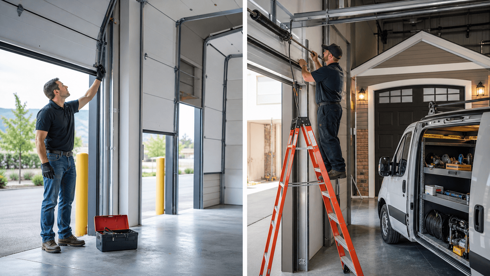 Technician in blue uniform repairs a gray commercial overhead door inside a brightly lit warehouse.