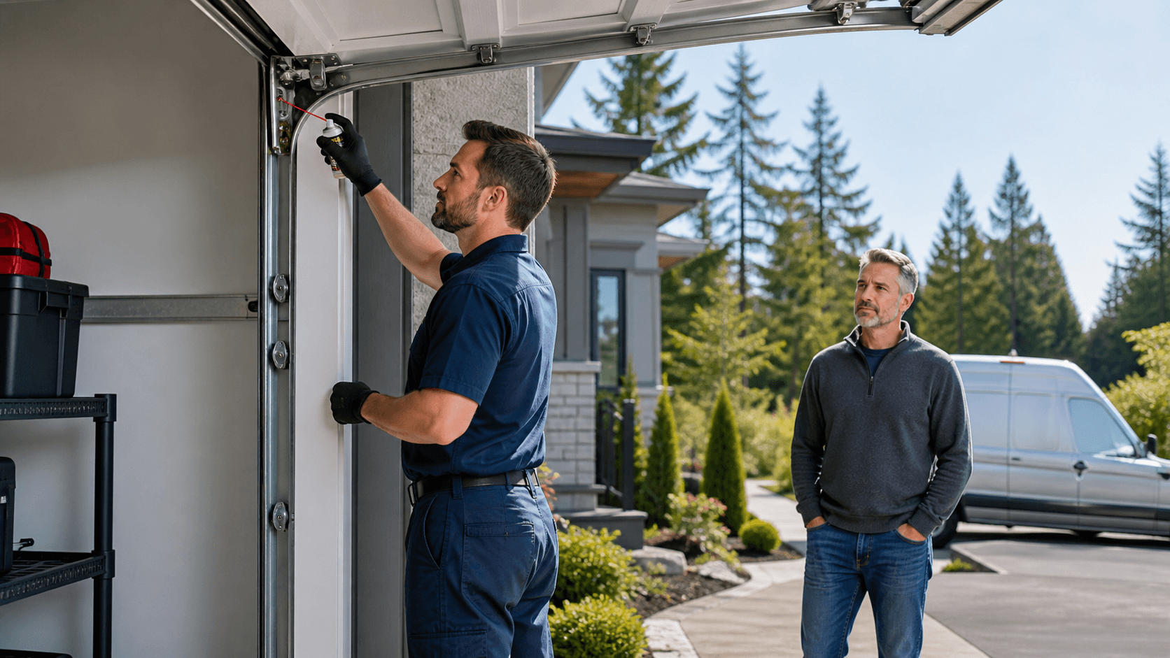 Close-up of a hand applying lubricant to a garage door hinge in a bright residential garage.