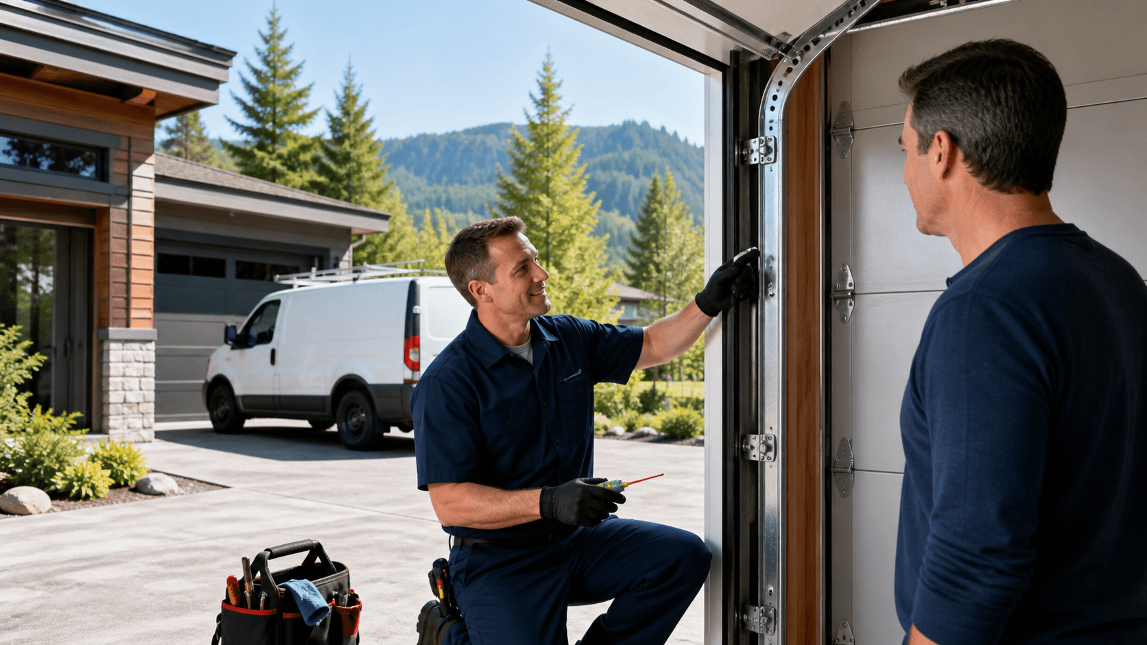 Modern gray garage door with a technician’s tools on a workbench in a bright suburban driveway.