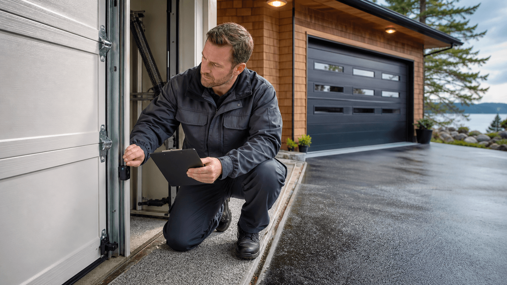 Technician inspects a modern white garage door with checklist clipboard in bright daylight.