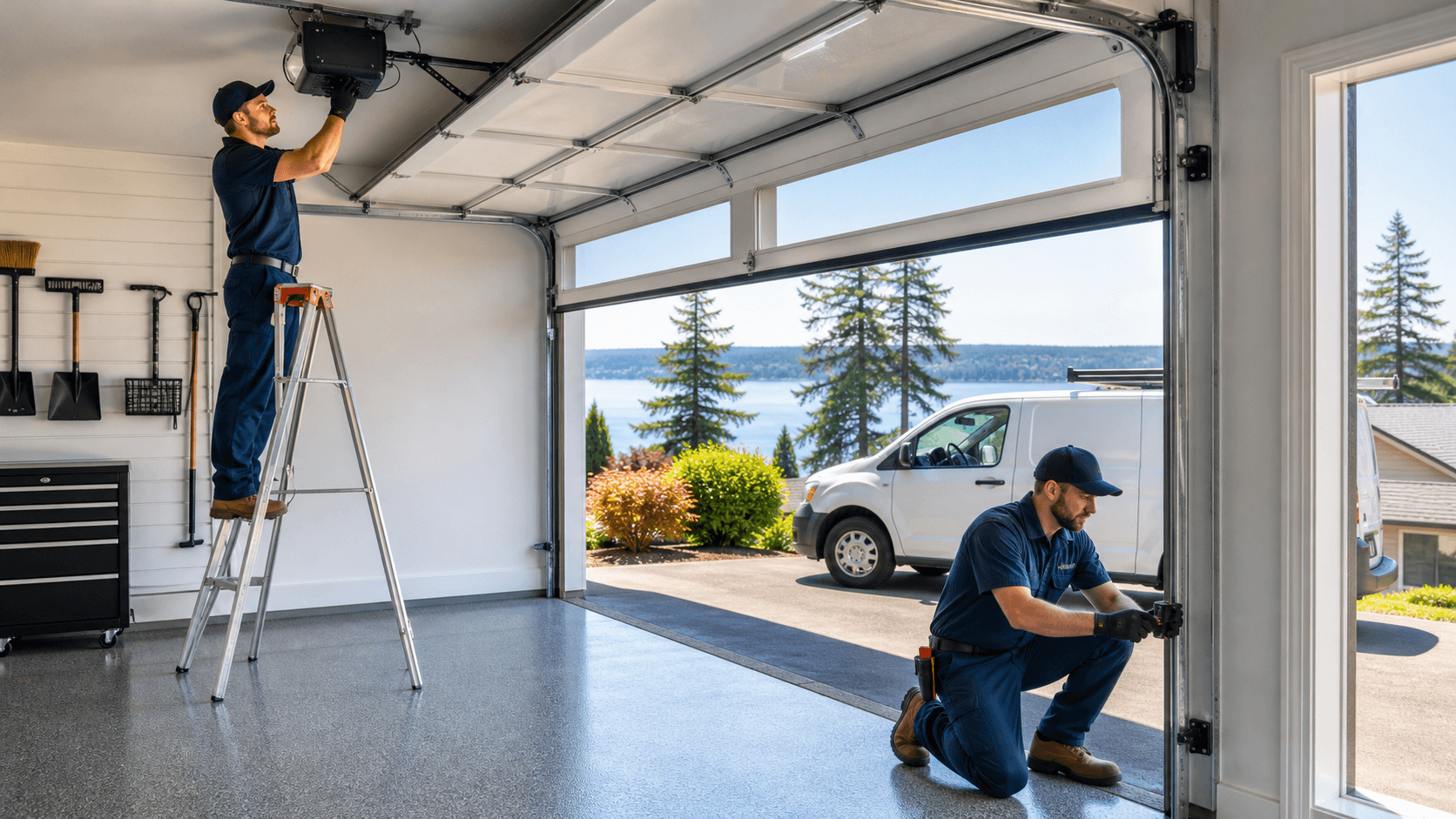 Technician inspecting garage door sensors beside a white opener unit in a well-lit residential garage.