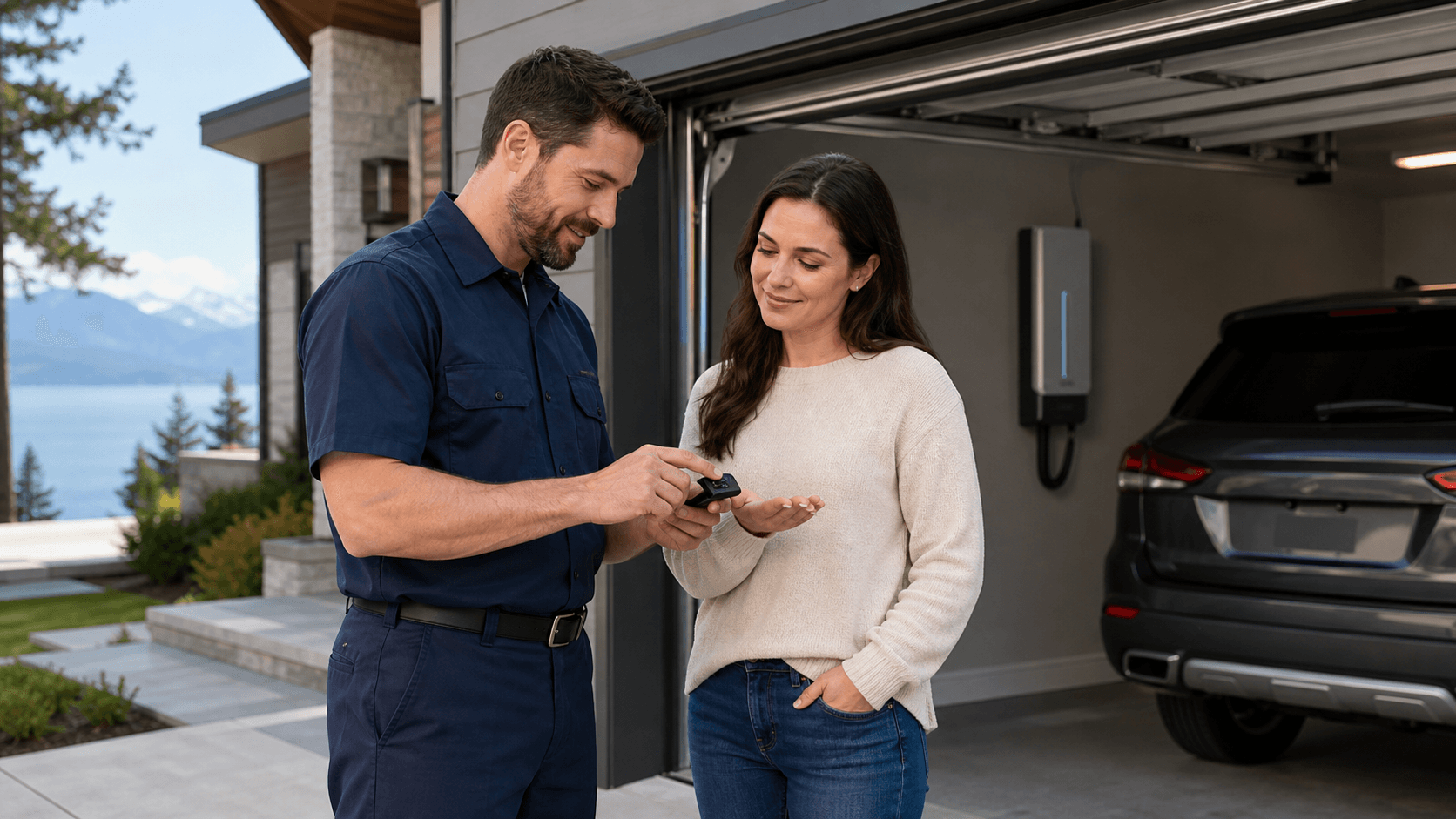 Hand programming a black garage door remote beside a white paneled door in bright daylight.