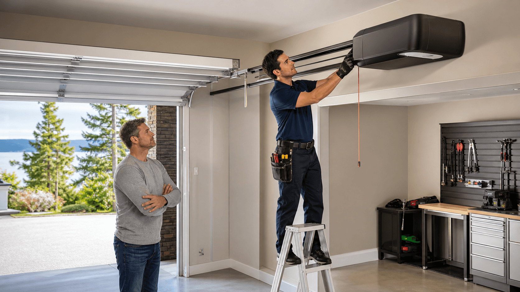 Close-up of a sleek black direct-drive garage door opener mounted on a ceiling rail in a bright garage.