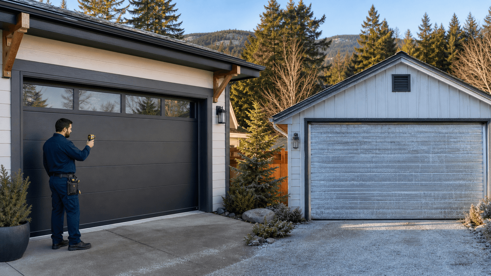Split view of a modern white insulated garage door and a plain gray standard door on a suburban home.