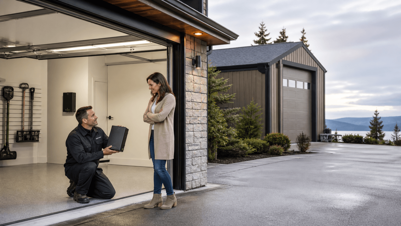 A modern garage door opener with battery backup glowing beside a closed white garage at dusk.