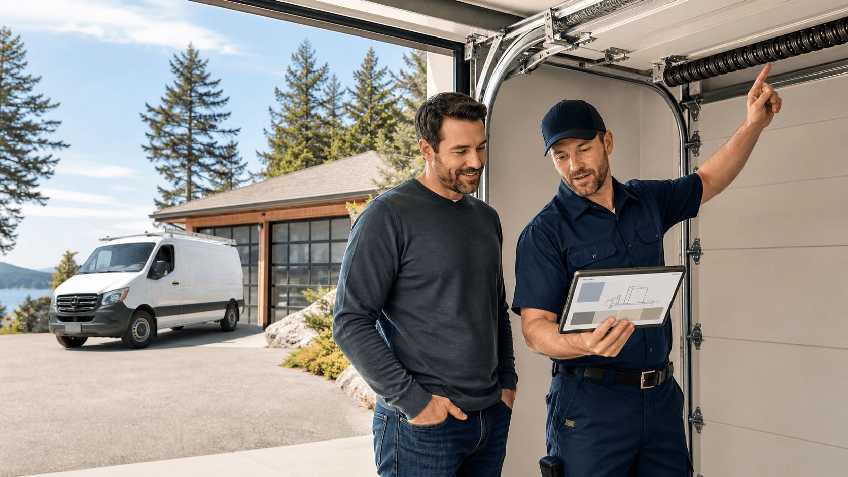 Homeowner reviewing a repair quote beside a white garage door in soft daylight