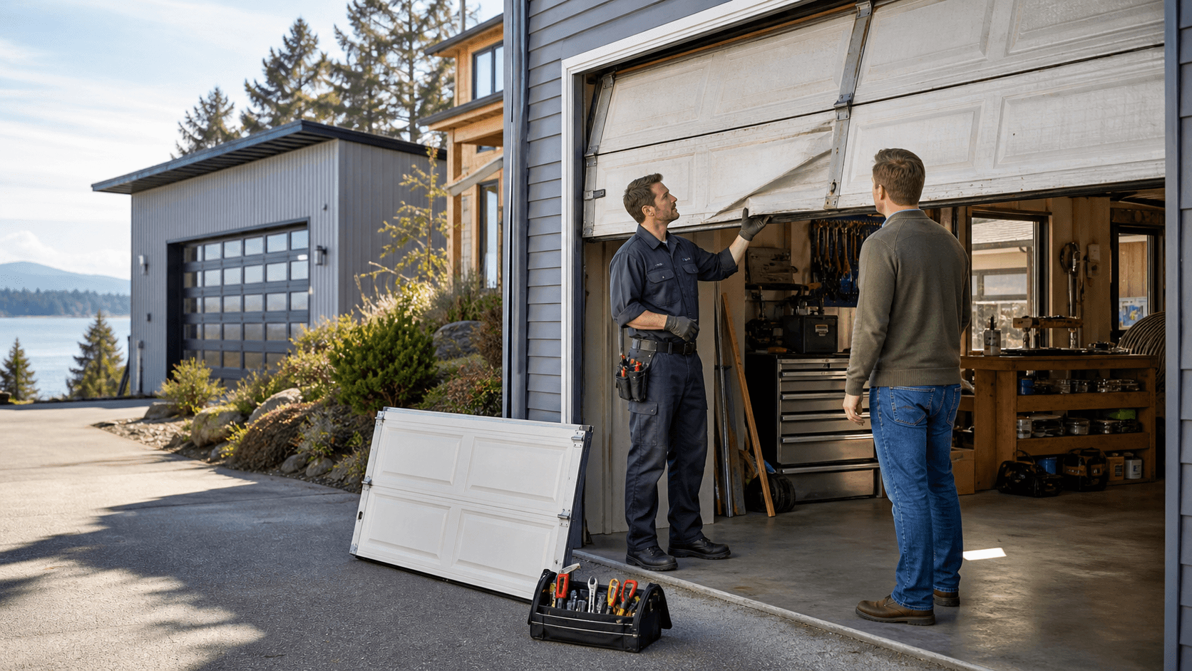 Split view of a modern garage door with repair tools on one side and a new door on the other.
