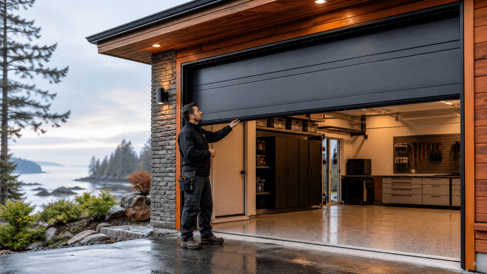 Modern coastal home with a sleek dark steel garage door, cedar siding, and misty evergreen backdrop.