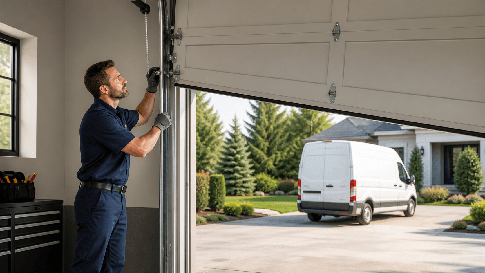 White sectional garage door raised unevenly, with one side higher and metal tracks visible in a dim garage.