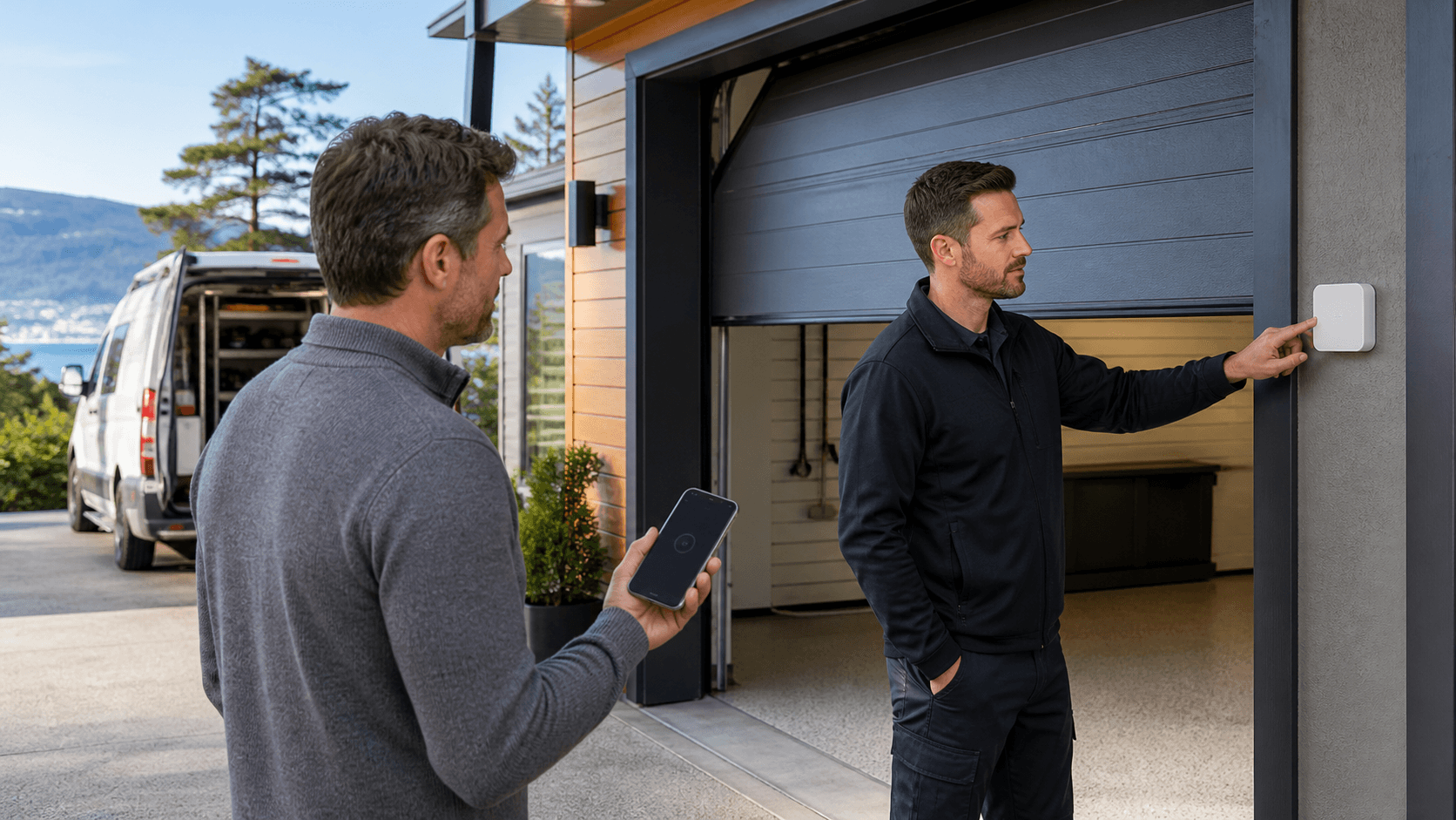 Smartphone showing a disconnected garage door app beside a closed white garage at dusk.