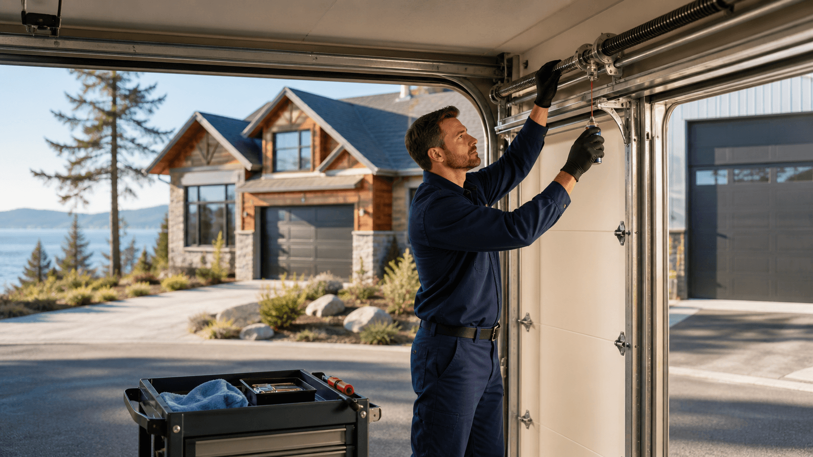 Technician inspecting a white garage door beside a coastal Vancouver Island home in soft daylight