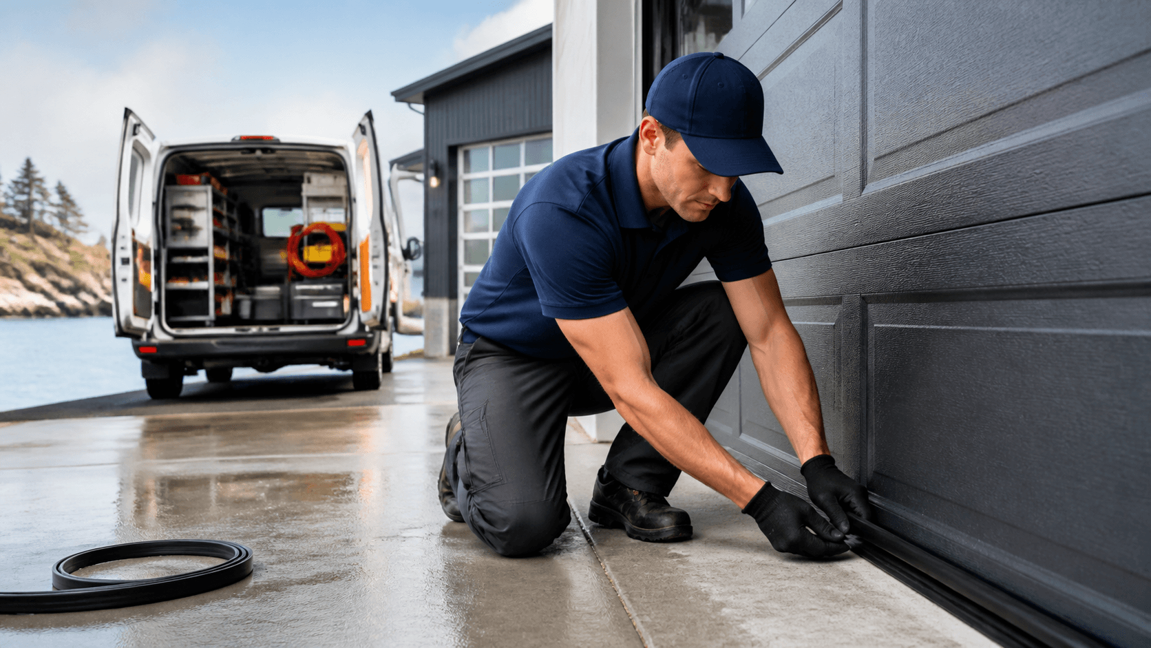 Technician sealing a white garage door with weatherstripping in a sunlit suburban driveway.