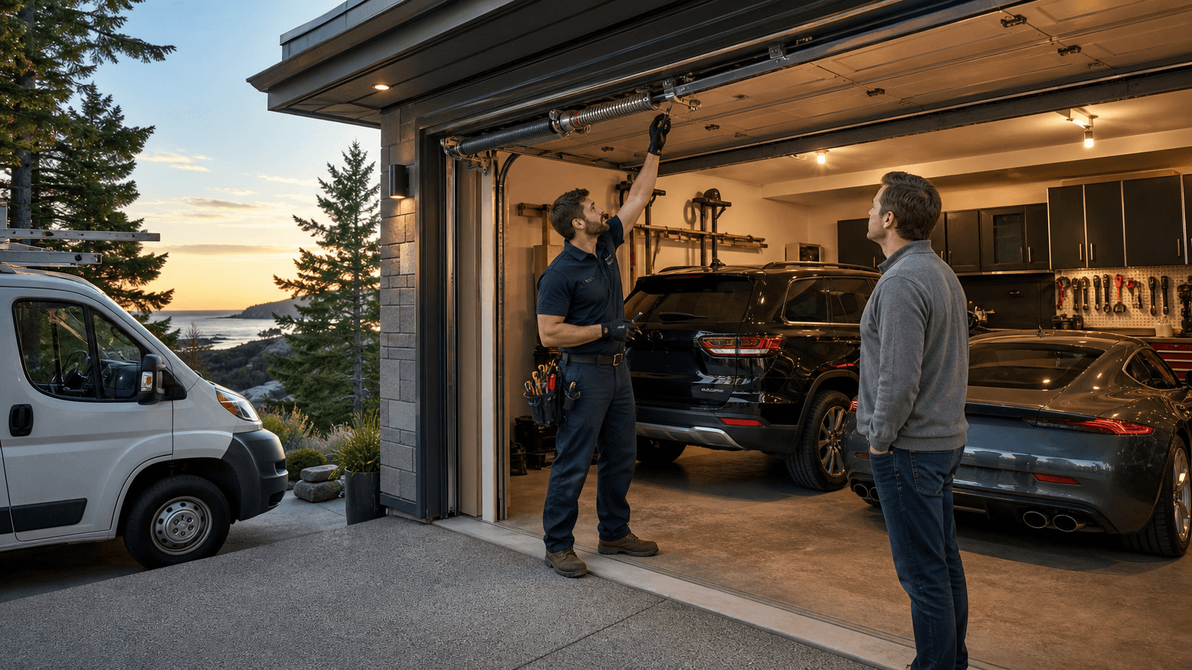 An open garage door at night reveals a lit interior, casting warm light onto the dark driveway.