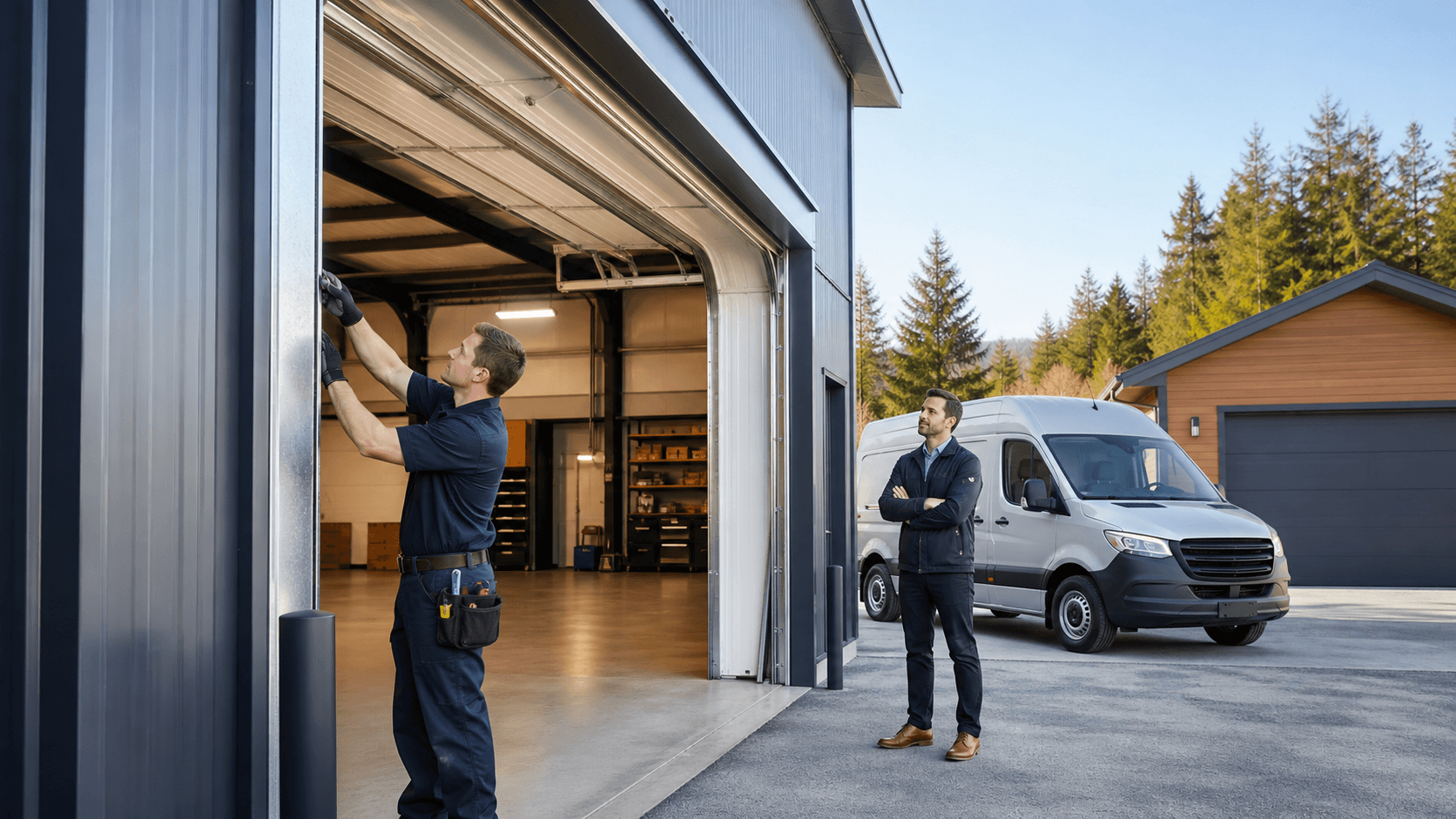 Technician inspecting a gray commercial garage door beside a red service van in daylight.
